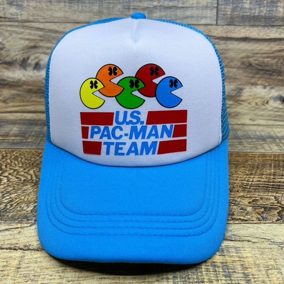 USA Pacman Team Mens Trucker Hat Blue Snapback 80s Retro Logo Video Game Cap - Picture 2 of 8